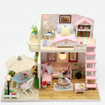 Dvojposchodový drevený model domčeka pre bábiky na zostavenie